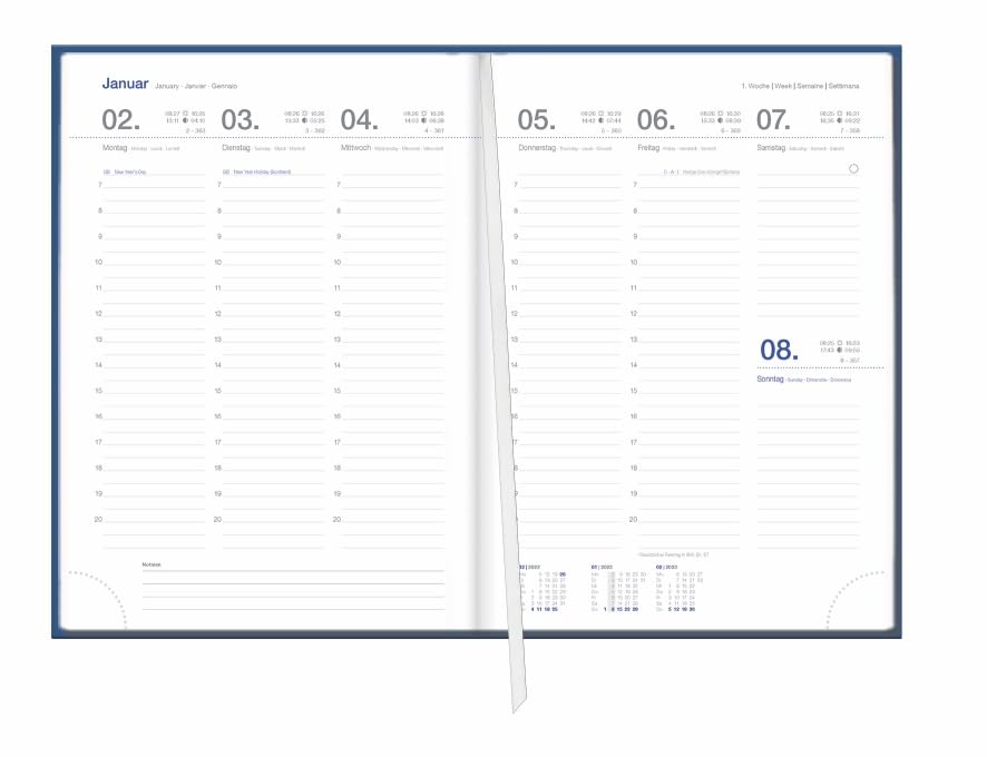 Wochen-Cheftimer A5. Blauer Terminkalender 2023. Buch-Kalender mit Lesebändchen und Eckperformation. Wattierter Taschenkalender zum Planen von Terminen.