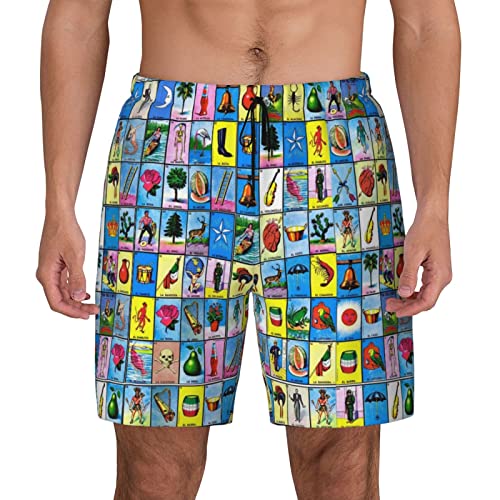 Colorful Mexican Loteria Cards Men's Swim Shorts Beach Trunks with Compression Lined and Pockets