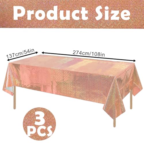 MOMAHUA 3 Pack Glitter Table Cloth,Rose Gold Plastic Glitter Tablecloth for Iridescent Party,137x274cm Shiny Table Cover,Diamond Foil Rectangular Tablecloth for Wedding,Birthday,Garden Party Decor