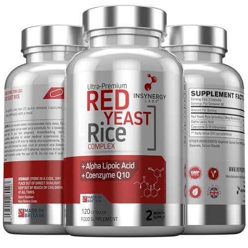 Red Yeast Rice with CoQ10 & Alpha Liopic Acid (3 Cholesterol Lowering Ingredients) Supplement Coenzyme Q10 Red Yeast Cholesterol Lowering Supplements 120 Vegan Capsules