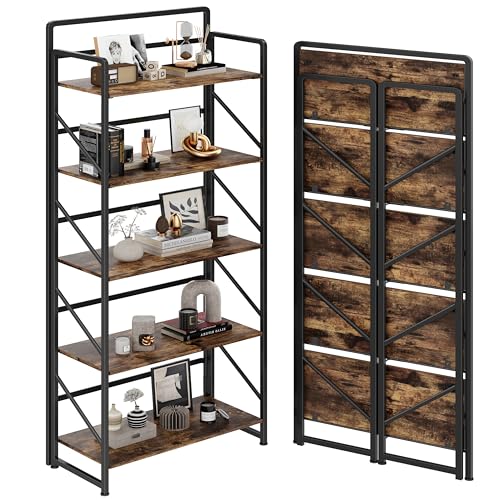 Image of JSB Folding Bookshelf,Industrial Storage Shelves, No Assembly Vintage Wood Look Bookshelf with Storage Shelves for Living Room, Bedroom, Office (Fire Brown, 5-Tier)