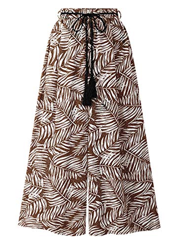 GGUHHU Women's Lightweight Drawstring High-Waist Palm Leaf Wide-Leg Chiffon Pants Slacks