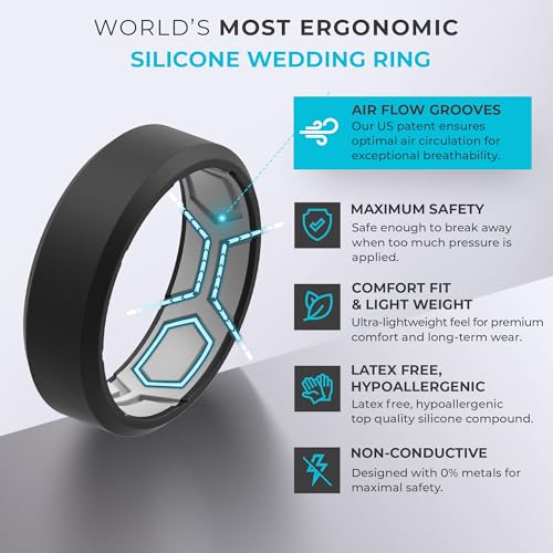 thunderfit men breathable air grooves silicone rings wedding bands 8mm wide 24mm thick - 123467 variety multipack