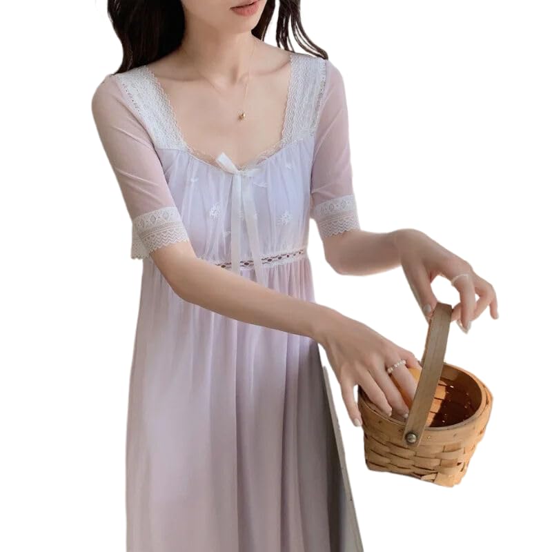 OFFSUM Camisón De Pijama De Mujer - Verano Malla Encaje Bordado Cuello Cuadrado Ropa De Dormir Dulce Tamaño Grande Temperamento Camisón Princesa Ropa De Casa Vestido