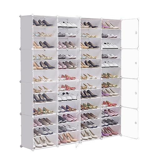 DYRABREST Portable Shoe Rack Enclosed Shoe Organizer, 96 Pairs DIY Shoe Cabinet, White Plastic Closet Shoe Organizer with Transparent Door, Free Standing Shoe Rack Expandable for High Heels, Boots