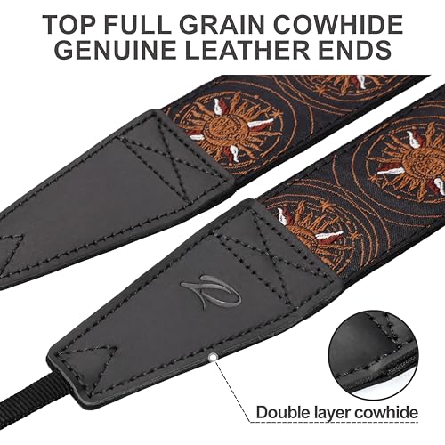Image of Padwa Lifestyle Brown Sun God Camera Strap - 2 inch Full Grain Leather Ends Camera Straps for Photographers, Vintage Embroidered Cotton Soft Suede Fabric Padded Strap Quick Release fits All Cameras