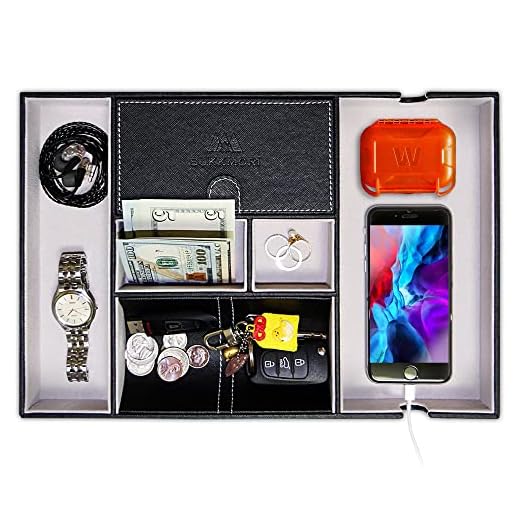 SUKKMORI Valet Tray Nightstand Organizer - Dresser Organizer for Men and Women - EDC Leather Key Tray - Desk Organizer for Jewelry with Charging Station - Bedside Catchall Tray for Accessaries