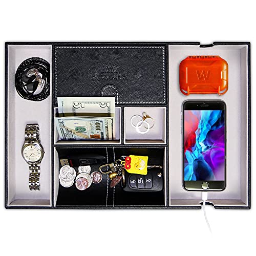 SUKKMORI Valet Tray Nightstand Organizer – Dresser Tray for Men and Women – EDC PU Leather Box for a Watch, Jewelry, Coin and Key – Bedside and Desk Phone Charging Station – Ring and Wallet Organizers
