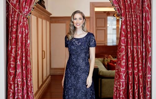 Image of Alex Evenings Women's Long Rosette Mother of The Bride Dress with Short Sleeves