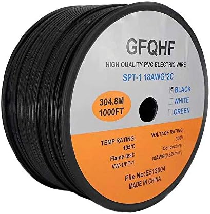 GFQHF UL Listed 1000FT SPT-1 Electrical Wire,18/2 Zip Cord Wire,Work with SPT-1 Vampire Plug(1000, SPT-1 Black)