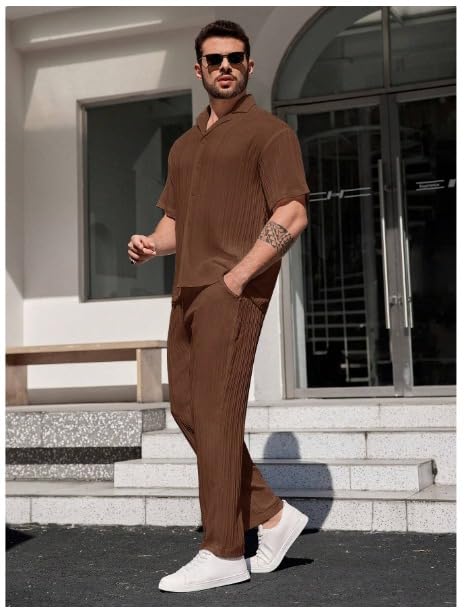 Image of Men's Premium Textured Co-Ord Set - Relaxed Fit Short Sleeve Shirt & Wide-Leg Trousers for Modern Casual Wear
