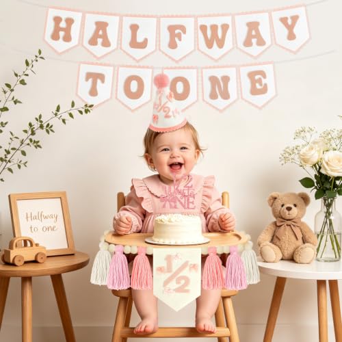 Image of THAWAY 1 /2 Birthday Girl Decorations, Pink Half Way to One Felt Banner Kit | 6 month party supplies; pink half birthday cake topper; adjustable 1 /2 hat; natural wood bead high chair decor