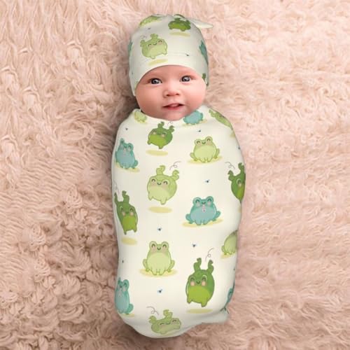 Image of Cartoon Frog Newborn Swaddling Blanket Beanie Hat Sets Soft Baby Receiving Funny Animal Blanket Soft Sleeping Bag New Born Soft Sleep Sacks for Boys Girls
