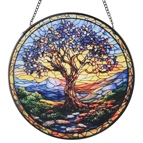 Big Tree Stained Glass Window Hanging, 9.8" Round Sun Catcher