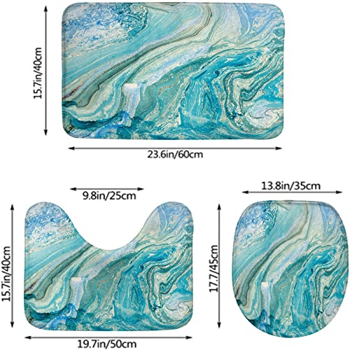 3-teiliges Badezimmerteppich-Set, kreativer Hintergrund mit abstrakten, ölgemalten Wellen, waschbarer Badeteppich, rutschfest, mit Rückenpolster, Konturteppich und Toilettendeckelbezug – Bild 3