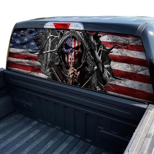 Image of American Flag & Skull Rear Window Decal for Truck, Car, SUV (65x17in) - Red, White, Blue - Vinyl - Waterproof - Outdoor Use