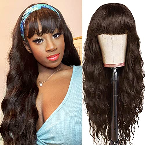 Vigorous Brown Wigs with Bangs Long Wavy Dark Brown Wigs for Women Heat Resistant Synthetic Wig Natural Looking Wigs for Women Daily Party Use