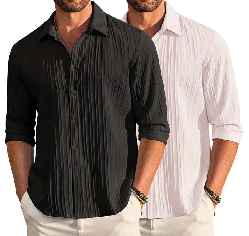 Image of DEELMO Combo of Men's Casual Button Down Shirts Long Sleeve Linen Shirt Fashion Textured Summer Shirts Pack of 2