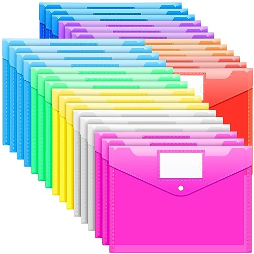 Sooez 28 Pack Plastic Envelopes Poly Envelopes, Clear Document Folders US Letter A4 Size File Envelopes with Label Pocket & Snap