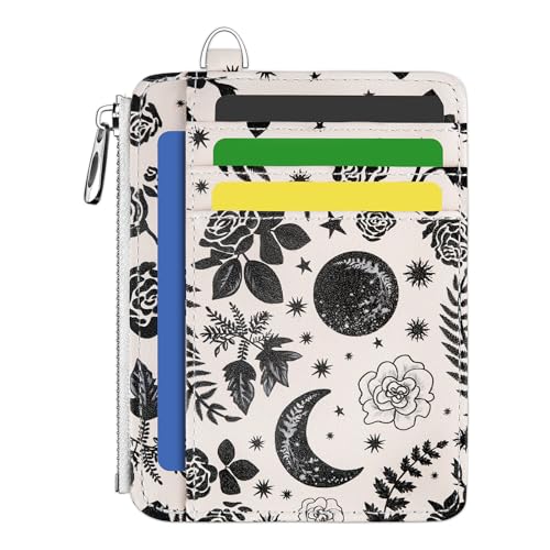 Image of Hancynir Goth Moon Floral Slim Wallet Women Credit Card Holder Gothic Flower RFID Blocking Small Cute Card Wallets Mini Front Pocket PU Leather Thin Travel Zipper Coin Cash Ladies Female Wallet Gifts