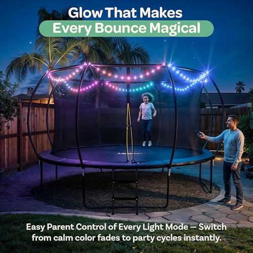 Image of JoyBerri Trampoline Outdoor - Upsurge ASTM Certified Safe 8Ft 10Ft 12Ft 14Ft 15Ft 16Ft Recreational Trampoline for Kids and Adults. Anti-Rust Coating with Enclosure Net, Ladder, Sprinkler & LED Lights