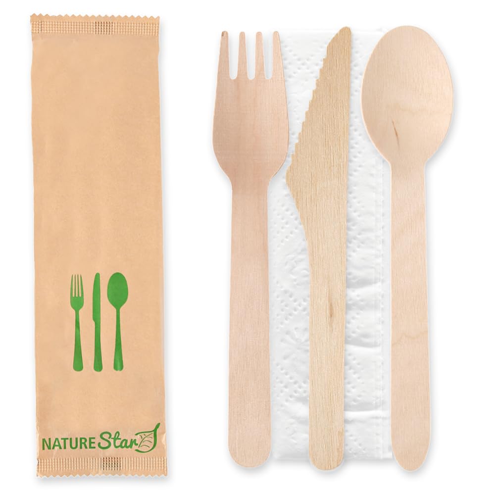 Franz Mensch NATUREStar Bestecksets Triple | Holz FSC® 100%, 500 Stück, Einwegbesteck Set mit Messer, Gabel, Löffel und Serviette