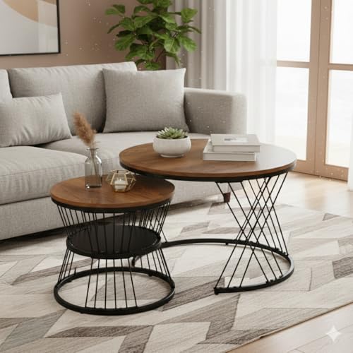 Image of The Round Coffee Table and The Stacking Tea Table with a Gold Metal Frame are Two Versatile Modern Center Tables That Look Great in Living Rooms (X Black Brown)