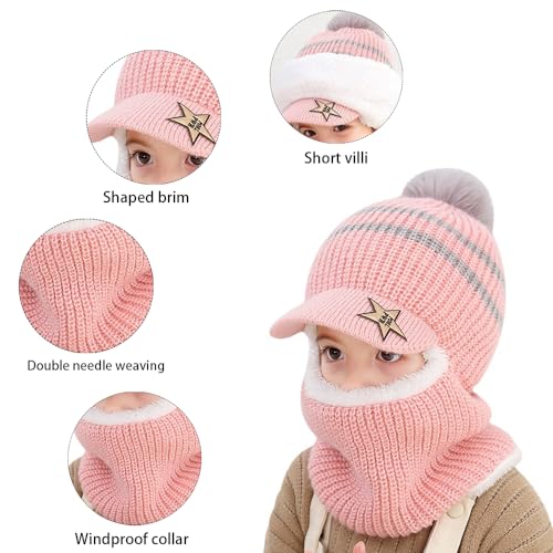 Kids Winter Hat Scarf Set, Warm Thick Knit Beanie with Pompom Earflap Hood Hat Fleece Lined for 2-5 Years Boys and Girls3