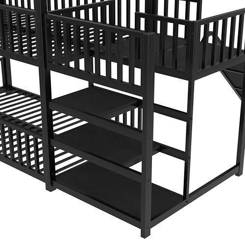 Image of Bellemave Metal Bunk beds Twin Over Twin with Slide and Storage Stairs, House Floor bunk Bed with guardrail for Kids,Black