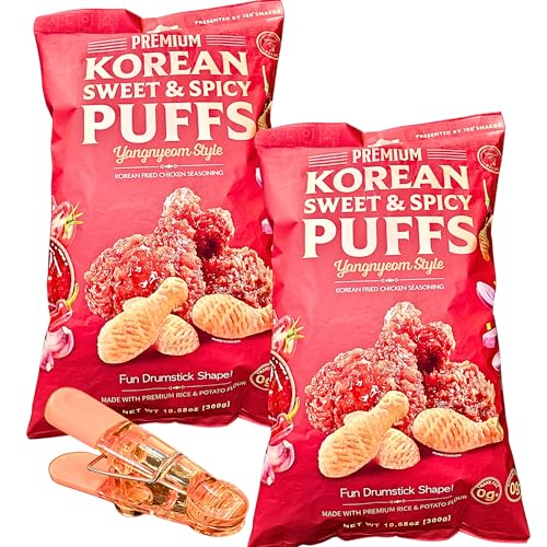 Premium Korean Sweet & Spicy Puffs, Yangnyeom Style Drumstick Shape Snacks, Korean Fried Chicken Seasoning, 10.58oz, 2 Pack