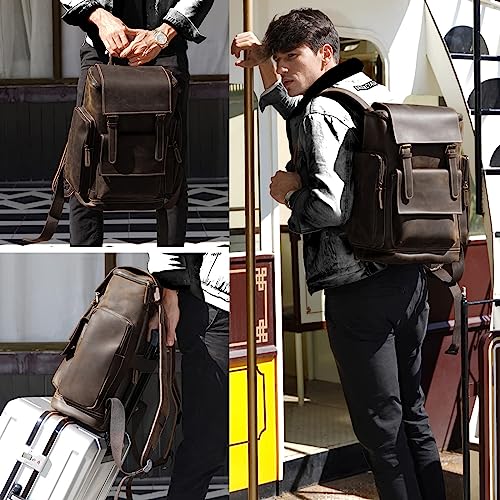 Masa Kawa Leather Backpack For Men 15.6 Inch Laptop Bag Large Vintage Hiking Daypack Business Travel Rucksack #TOP5