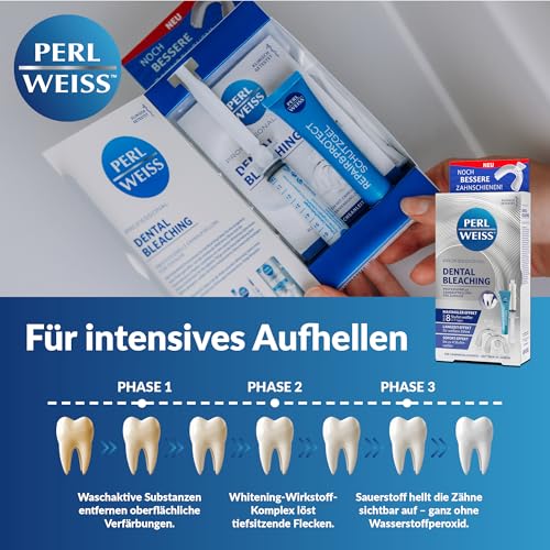 PERLWEISS Dental Bleaching Zahnaufhellung Set - bis zu 8 Stufen weißere Zähne in 7 Tagen - Zähne aufhellen ohne Wasserstoffperoxid - professionelles Zahnbleaching mit Soforteffekt