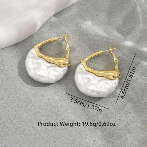 Trendy Gold Half Round Moon Pearl Earrings Statement for Women, Charm Vintage Unique Chunky Irregular Pearl Hoop Earrings Dainty Valentine Jewelry Gift2