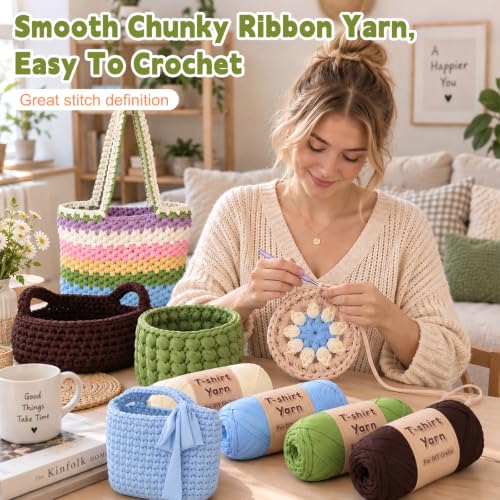 Image of Katech 800g T Shirt Yarn for Crocheting, Ribbon Yarn for Beginners-Coffee