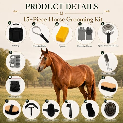 Horse Grooming Kit, 15-Piece Horse Brush Set with Tote Bag, Long Shedding Blade, Hoof Pick, Curry Comb, Sweat Scraper, Mane and Tail Comb, Gloves, Equine Grooming Supplies, Black - Image 3