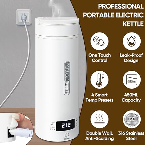 Travel Electric Kettle, Portable Smart Small Hot Water Boiler Tea Coffee Heater 450ML, 316 Stainless Steel, 4 Temperature Control, LCD Display, Fast Boiling Water, Auto Shut-Off & Boil Dry Protection