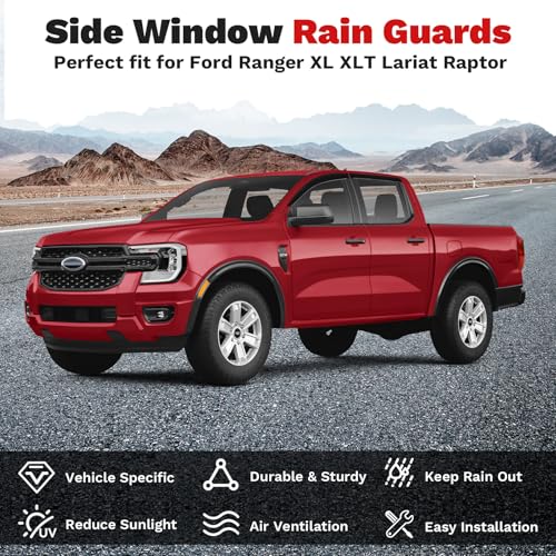 Image of Canvcle Ranger Rain Guards - Window Visors for Ford Ranger XL XLT Lariat Raptor 2024 2025 2026, Outside-Mount Tape-On Side Window Wind Deflectors for Ranger Accessories, Vent Visors Shades Rainproof