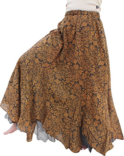 RaanPahMuang 2 Layer Cotton Rough Eneven Hem Gypsy Skirt Floral Printed Mix, XX-Large, Black Yellow