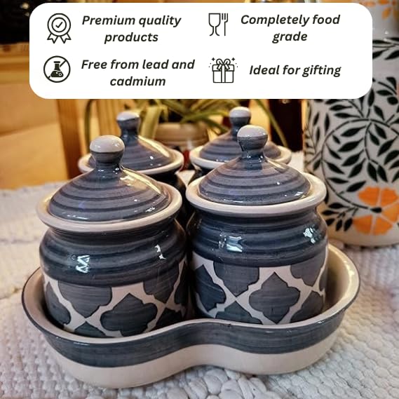 Image of Niyara Multipurpose Storage Ceramic Pickle set Jars with Lid & tray (Set of 4, 300 ml) (Grey Moroccan)
