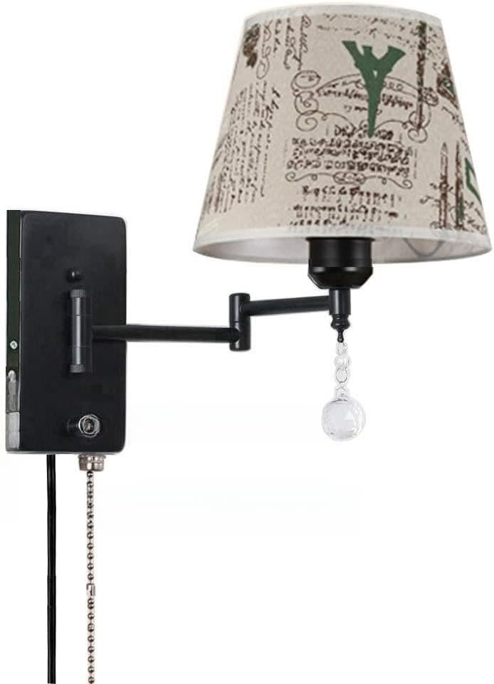 USB Pull Chain and Plug-in Wall Sconce Swing Arm E26 E27 Metal and Cloth Shade Living Room Bedroom Bedside Study Wall Lamp (Size : 32cm×25cm)