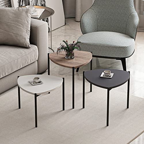 [en.casa] Set di 3 Tavolini Bassi da Salotto in Altezze Diverse 3 Tavolini Sovrapponibili con Piani Triangolari in Colori - Bianco/Antracite/Rovere