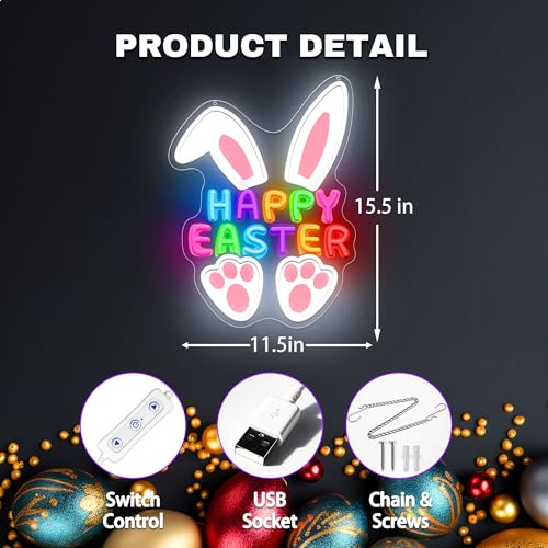 CULISER Happy Easter Neon Signs for Wall Decor, LED Bunny Egg Neon Light with USB Dimmable, Glowing Decor for Easter Party, Church, Kids Room, Home & Friend Gifts by CULISER - Image 5