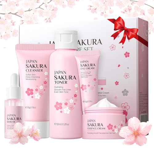 5 Pièces Cherry Blossom Ensemble Soin du Visage, Skincare Set pour Ado Fille avec Nettoyant, Tonique, Crème Hydratante, Sérum, Soin Nourrissant Yeux, Cadeau de Fête des Mères pour Femmes