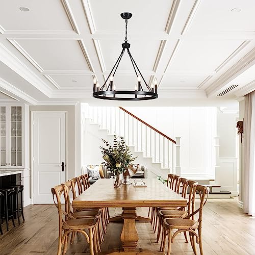 Image of 8-Lights Black Wagon Wheel Chandelier 26 inch Industrial Hanging Light Fixture for Dining Room Farmhouse Round Chandeliers for Living Room Foyer Hallway Kitchen Island Entryway