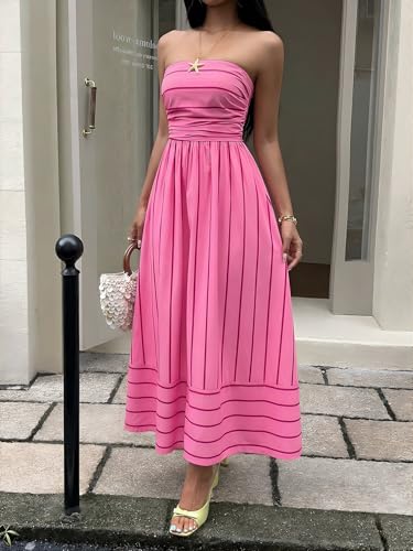 Image of Milumia Women's Striped Strapless Maxi Dress Summer Casual Tube Top Long Dresses with Pocket