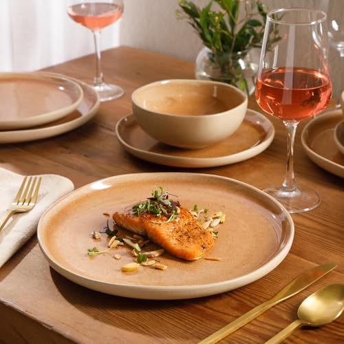 Image of Gibson Elite Manila Bay 12-Piece Stoneware Dinnerware Set, Service for 4, Reactive Glaze Modern Artisan Plates, Bowls & Mugs, Orange, Round Design