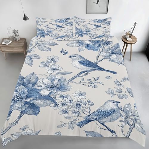 Housse de Couette 240 x 260 Toile de Jouy Bleu Imprimé, Parure de lit Fleur Oiseau Réversible Microfibre avec Fermeture Éclair, 2 Personnes, Ensemble de...