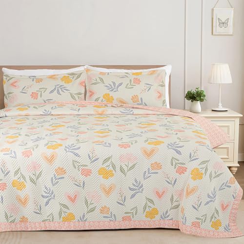 Image of Amazon Brand - Umi 100% Cotton Quilted /Ultrasonic 280 Tc Printed King Size Bed Cover /Bedsheet /Bedspread Comforter with 2 Pillow Shams /Cover, (Luxurious, 90 x100 inches, Pink & White)