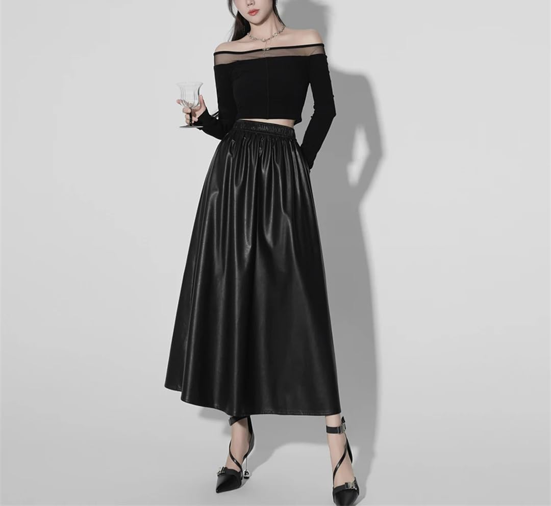 Wjnvfioo Faldas largas de cuero sintético de una línea de moda para mujer, otoño, invierno, cintura alta, elástica, acampanada, plisada, casual, faldas