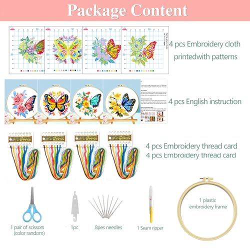 Image of Zhenqing 4-Pack Butterfly Cross Stitch Kits - 11CT 24x24cm Aida Cloth with Blue, Pink & Floral Designs - Vibrant Home Wall Art Decor Set(68121)